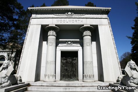 department store mogul F. W. Woolworth’s mausoleum in Woodlawn Cemetery, NY City Woodlawn Cemetery, Greenwood Cemetery, Egyptian Temple, New York Tours, The Titanic, Ny City, Temple Design, Department Store, Titanic