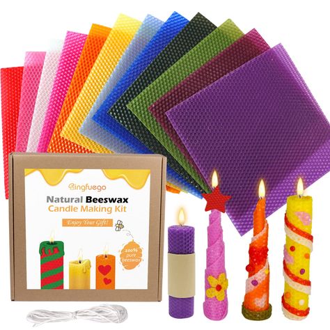 PRICES MAY VARY. Beeswax Candle Making Kit for Kids - Beeswax Candles Kit includes 12 Bright colors "8 x 8" inch pieces of natural pure beeswax sheets and other candle making supplies: 100 inches 100% cotton wick and easy to follow instructions. This kit has a lot of bright and pretty dark colored beeswax sheets for kids to choose from. 100% natural – The honeycomb beeswax sheets is made of natural beeswax. They are high-quality beeswax pieces completely free of paraffin and harmful chemicals. T Beeswax Candles Diy, Natural Beeswax Candles, Resin Art Supplies, Soap Making Kits, Candle Kits, Candle Making Kit, Candle Making Supplies, Beeswax Candle, Natural Candles