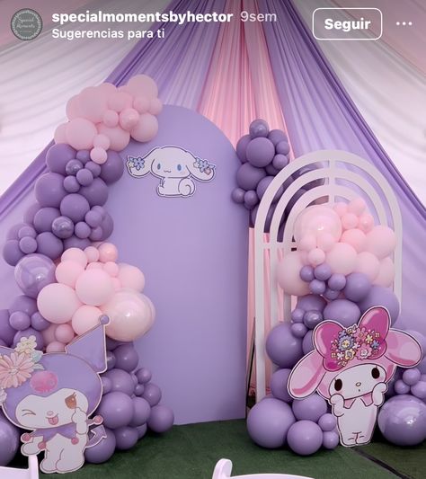 Sanrio First Birthday, My Melody And Kuromi Birthday Theme, Kuromi Bday Theme, Kuromi My Melody Birthday Theme, My Melody And Kuromi Birthday Party Ideas, Sanrio Balloon Arch, My Melody Party Theme, Kuromi Bday Party, My Melody Birthday Party Decorations