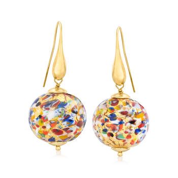 Ross-Simons - Italian Multicolored Murano Glass Earrings, 18kt Gold Over Sterling. An RS exclusive. Set your sights on these swoon-worthy multicolored earrings! Made in Italy, uniquely crafted 16mm Murano glass beads beam with every color of the rainbow. Suspended from 18kt yellow gold over sterling silver drops, these earrings offer a sweet but vibrant element to your look. Hanging length is 1 1/2". Murano glass is unique and may vary. Earwire, Murano glass multicolored drop earrings. Multicolored Earrings, Murano Glass Earrings, Bead Drop Earrings, Triple Hoop Earrings, Murano Glass Necklaces, Glass Bead Earrings, Murano Glass Jewelry, Luxury Earrings, Murano Glass Beads