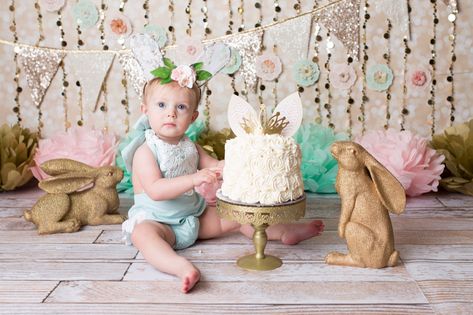 Bunny Cake Smash, Smash Cake Photos, Bunny Birthday Theme, One Cake Smash, Easter Birthday Party, Spring Birthday Party, Bunny Birthday Party, 1st Birthday Party For Girls