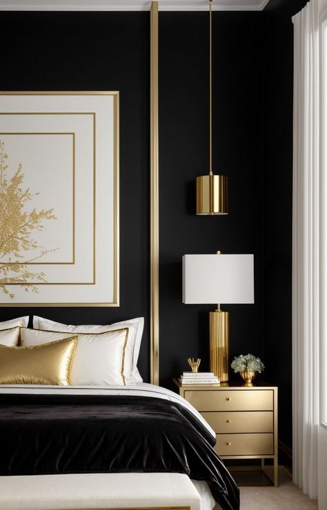 White And Gold Bedroom Aesthetic, Gold Bedroom Aesthetic, Gold Accent Wall Bedroom, White And Gold Bedroom, Black White And Gold Bedroom, Black Bedroom Aesthetic, Gold Bed Frame, Black Gold Bedroom, Start A Vegetable Garden