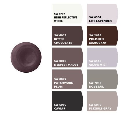 Sherwin Williams Flexible Gray, Brownish Purple Paint, Purple Toned Grey Paint, Purple Gray Paint, Painted Front Door Ideas, Grey Purple Paint, Plum Bathroom, Horror Bedroom, Paint Combos