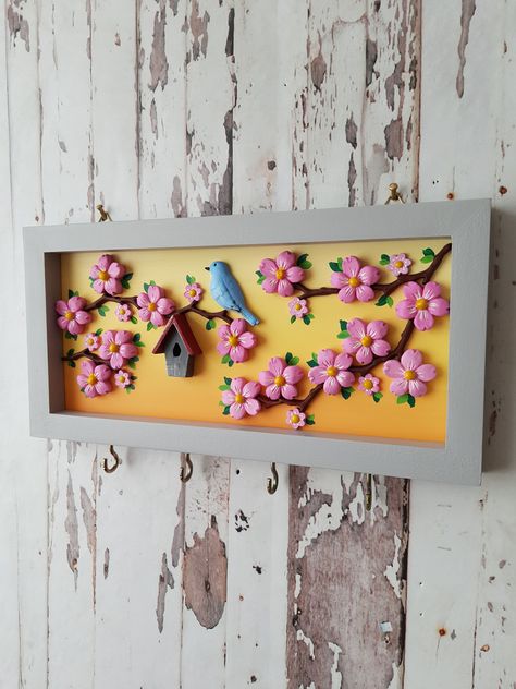 Excited to share the latest addition to my #etsy shop: Nature Scenery Key Hanger For Wall / 3D Blue Bird and Pink Flower Tree Key Chain Hanger / Wooden Deep Frame Unique Design Home Gift Idea #coastaltropical #entryway #walldecorkeyhook #keyholderdecor #flowerloversgift #housewarminggift #keyholderforwall #flowergardenart https://etsy.me/3R3Gf92 Polymer Clay Key Holder Wall Art, Wood Frame Decor Ideas, Wooden Hanging Decor, Key Holder Painting Ideas, Diy Wooden Key Holder Ideas, Lippan Art Key Holder, Key Holder Ideas Creative, Wooden Crafts For Home, Clay Key Holder