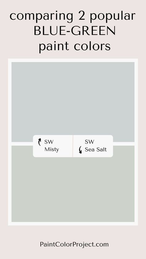 Deciding between Sherwin Williams Misty and Sherwin Williams Sea Salt paint colors? Let's compare Misty vs Sea Salt to see which is right for your home! Sherwin Williams Misty, Green Interior Paint, Sherwin Williams Sea Salt, Sea Salt Paint, Loft Playroom, Sea Salt Sherwin Williams, Blue Green Paints, Blue Gray Paint, Perfect Paint Color