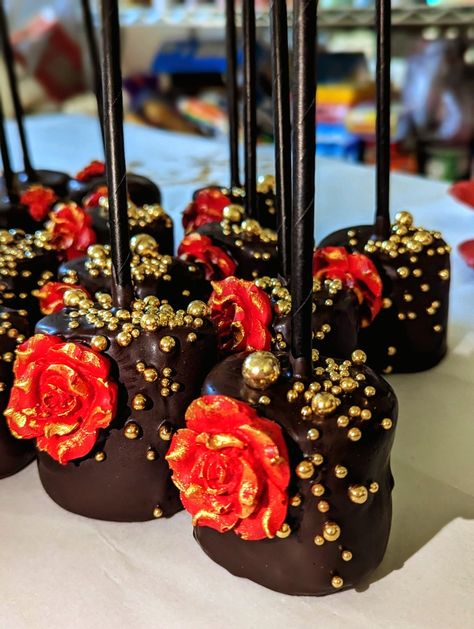 Sweet 16 Party Ideas Red Black And Gold, Black Gold And Red Party Decorations, Red Black And Gold Birthday Party Decor, 21st Birthday Cake For Guys, Sweet 15 Cakes, Red Party Themes, Red Quinceanera Ideas, Sweet 15 Ideas, Dipped Marshmallows