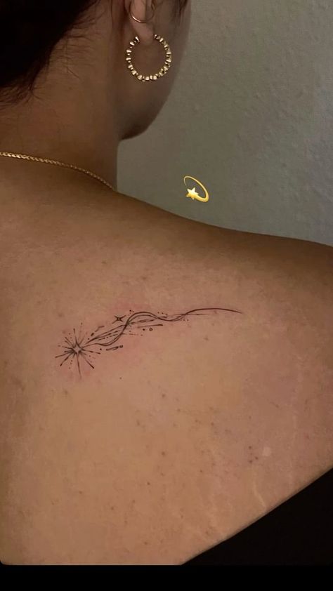 Elegant Star Tattoo, Sjm Inspired Tattoos, Comet Tattoo Design, Double Star Tattoo, Rib Star Tattoo, Exploding Star Tattoo, Abstract Tattoo Small, White Spine Tattoo, Whimsical Star Tattoo