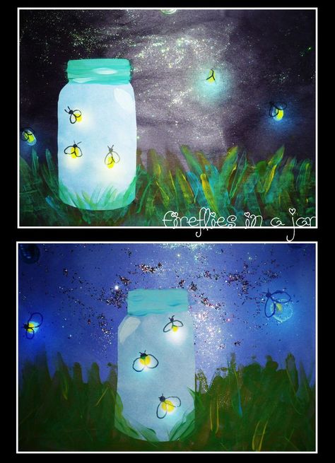 Fireflies How to: make jar on a separate piece of paper. Create wings and head for fireflies with sharpie and add yellow dots (paint) for body. Tissue paper overtop to give jar color. Cut out jar and glue to dark blue/black background and add grass with paint, add shimmer to sky with metallic paint Fireflies In A Jar, Dandelion Painting, Summer Art Projects, 2nd Grade Art, 4th Grade Art, The Dandelion, 5th Grade Art, 3rd Grade Art, Classroom Art Projects