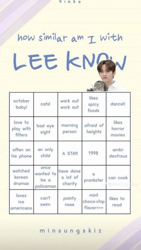 How Similar Are You To Kpop, Leeknow Icons, One Direction Party, Fun Templates, Kinnie Bingo, About Me Template, Kpop Anime, Bingo Template, Stay Kids