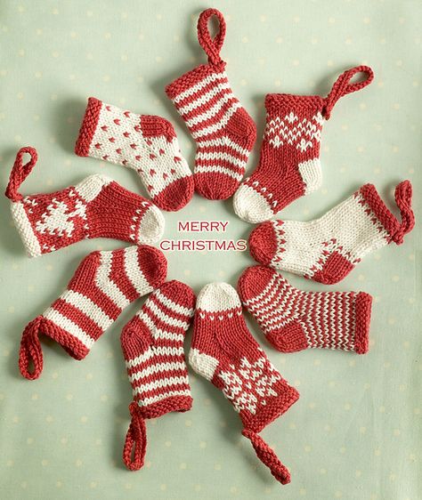 Mini Christmas Stockings to Decorate the Tree Knit Christmas Ornaments, Knitted Christmas Decorations, Mini Christmas Stockings, Christmas Stocking Ornament, Mini Stockings, Knitted Mittens, Little Cotton Rabbits, Christmas Stocking Pattern, Fair Isles