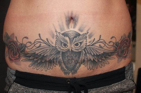 Owl tattoo Owl Stomach Tattoo, Owl Tattoo Chest, Lower Belly Tattoos, Tummy Tattoo, All Seeing Eye Tattoo, Makeup Studio Decor, Stomach Tattoos Women, Tattoos To Cover Scars, Bauch Tattoos