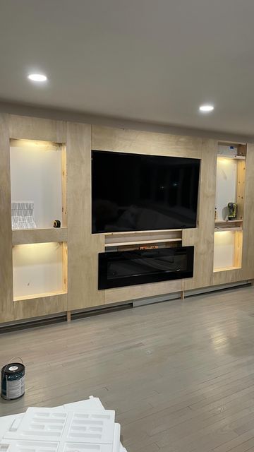 Tv 75 Inch Living Room, 75 Inch Tv On Wall Ideas, 75 Inch Tv On Wall, Alcove Ideas, Modern Glam Decor, 75 Inch Tv, Some Questions, Wall Mounted Tv, Mounted Tv