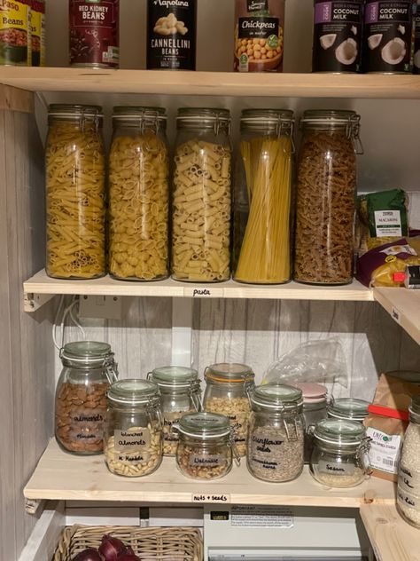 The Korken jars from IKEA work a treat for several types of food such as pasta, nuts, lentils, etc. Pasta Glass Jars, Pasta Jars Decor, Pasta Storage Ideas, Pasta Organization, Ikea Pantry Storage, Pasta Jars, Pantry Storage Solutions, Ikea Jars, School Apartment