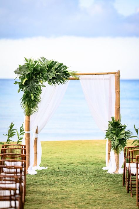 Palm Leaves Wedding Arch, Simple Beach Wedding Backdrop, Arch Flowers Wedding Simple, Beach Wedding Arbor Ideas, Tropical Beach Ceremony, Tropical Beach Wedding Arch, Tropical Wedding Alter, Simple Tropical Wedding Arch, Tropical Destination Wedding Decor