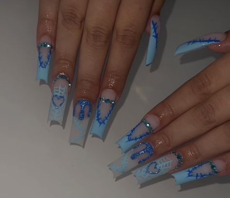 Blue Halloween Nail Designs, Halloween Blue Nails, Baby Blue Halloween Nails, Royal Blue Halloween Nails, Blue Nails Halloween, Blue Spooky Nails, Light Blue Halloween Nails, Sonic The Hedgehog Nails, Blue Birthday Nails Acrylic