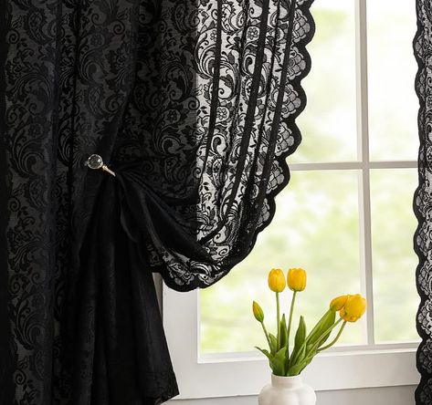 ALIGOGO Black Lace Curtains 63 inches Length Elegant Vintage Floral Sheer Curtain Panels for Halloween Luxury Gothic Curtains for Bedroom Witchy/Goth Room Decor, 52 x 63 Black Black Lace Curtains, Gothic Curtains, Black Sheer Curtains, Goth Room, Halloween Curtains, Goth Room Decor, Witchy Goth, Doorway Curtain, Dark Home Decor