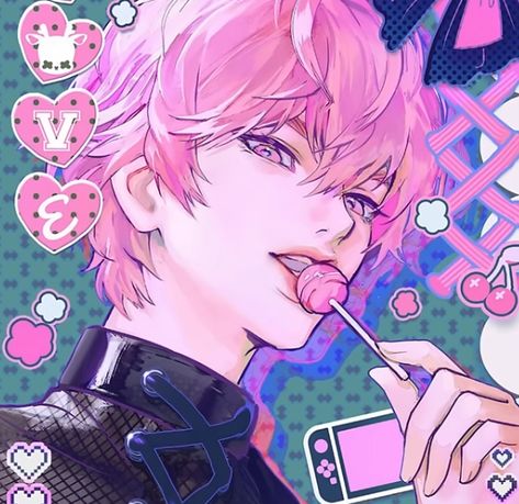 Photocard Drawing Ideas, Lollipop In Mouth Drawing, Pink Hair Boy Art, Photocard Drawing, Cute Pose Reference Drawing, Pretty Boy Art, Oc Male Character Design, Pink Hair Male, Anime Celebrity