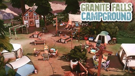 A coloful & fun campground for my save file! 🏕️ • 📍 30x20 in Granite falls • No CC • Gallery ID: ChrissieYT • Packs Used: NOT pack restricted! • $235 Simoleons per day The Sims 4 Lots, Sims 4 Challenges, Sims 4 Speed Build, Sims 4 House Building, Tumblr Sims 4, Sims 4 House Design, Sims Building, Save File, Sims House Plans