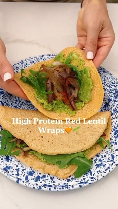 High Protein Red Lentil Wraps🧡🌱 Follow @jkhealthyliving for more healthy recipes!🌱 I have been wanting to make these lentil wraps for a while now. Super easy to make and only takes 2 ingredients! Toppings: Avocado Arugula Watercress Lettuce Broccoli sprouts Onions, peppers Cauliflower Or veggies of choice What you need: 1 cup dry red lentils 2 cups water Pinch of salt 1. Soak the lentils in water overnight or at least 3-4 hours. 2. Add lentils and water to your blender and blend until smo Red Lentil Tortilla Recipe, Healthy Lentil Wraps, Red Lentils Wrap, Red Lentil Wraps, 2 Ingredient Lentil Wraps, Lentil Lettuce Wraps, Lentil Wraps, Mexican Avocado, Avocado Wrap