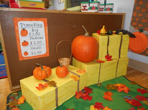 3k Activities, Pumpkin Patch Dramatic Play, Work Accomplishments, Fall Prek, Preschool September, Pumpkins Preschool, Halloween Pumpkin Patch, Dramatic Play Themes, Classroom Diy