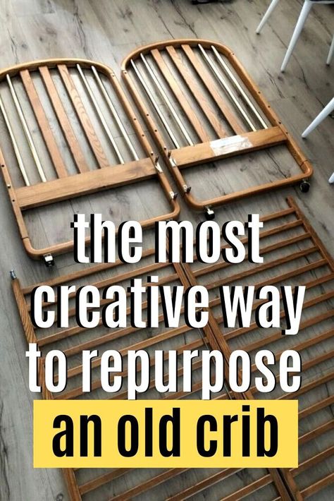 Repurposed Crib DIY Idea Old Crib Projects, Repurpose Cribs Ideas, Diy Old Crib Projects, Recycled Crib Ideas, Vintage Chair Upcycle, Repurpose Old Crib Diy Projects, Uses For Old Cribs Diy Projects, Crib Rail Repurpose, Repurposed Crib Ideas Diy