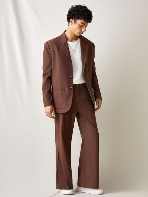 2pcs Men's Casual Loose Fit Solid Color Long Sleeve Suit Jacket And Elastic Waist Suit Pants Set Chocolate Brown Work    Plain  Non-Stretch  Men Clothing, size features are:Bust: ,Length: ,Sleeve Length: Men’s Brown Suit Wedding, Brown Formal Outfit Men, Wedding Casual Outfit Guest, Male Wedding Guest, Mens Waistcoat Fashion, Brown Blazer Outfit Men, Brown Suit Men, Brown Suit Wedding, Semi Formal Men