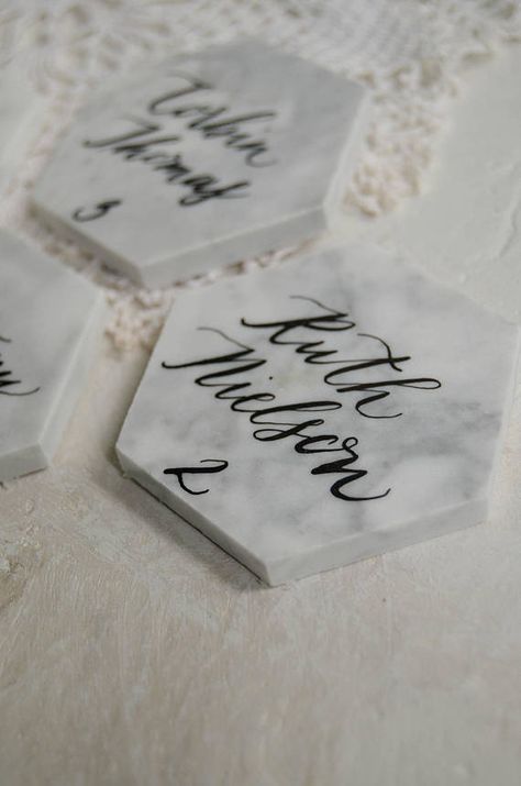 Masquerade Centerpieces, Hexagon Marble Tile, Calligraphy Place Cards, Gorgeous Calligraphy, Hexagon Wedding, Marble Wedding, Name Card, Wedding Gift Favors, Marble Tile