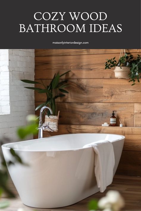 Explore cozy wood bathroom ideas for a warm and inviting atmosphere. This pin highlights rustic designs and wooden decor to create serene spaces. Wood Wall Bathroom Modern, Wood Backsplash Bathroom, Warm Wood Bathroom, Bathroom With Wood Tile, Wood Walls Bathroom, Wood Floors In Bathroom, Wood Tile Shower Ideas, Wood Bathroom Ideas, Wood Look Tile Bathroom