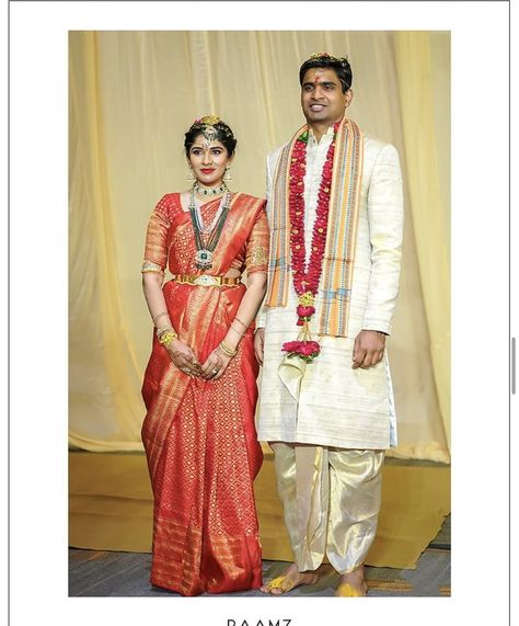 Telugu Groom Outfit, Telugu Groom Wedding Dress, Wedding Dresses Men Indian, Groom Wedding Dress, Couple Costume, Couple Fashion, Wedding Saree Blouse, Wedding Saree Blouse Designs, Telugu Wedding