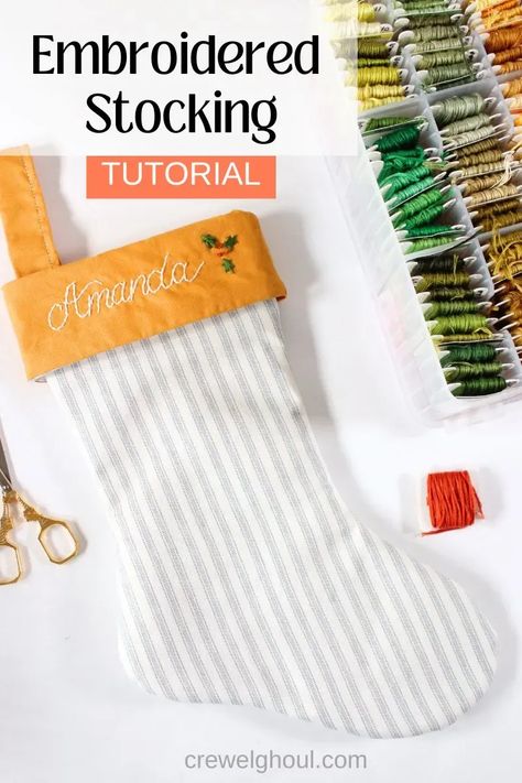 Here's how to hand embroider names on Christmas stockings. You can purchase a stocking or make one yourself! All you need is a few supplies and one or two embroidery stitches to complete it... Hand Embroidery Christmas Stocking, Hand Embroider Names, How To Embroider A Name, Diy Embroidered Stocking, Embroidering Names By Hand, Embroider Names By Hand, Hand Embroidered Stocking, Christmas Stocking Embroidery, Embroider Names