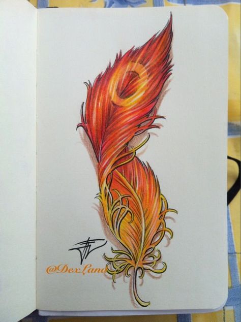 This creative phoenix tattoo uses blue feathers to accentuate the fire bird’s red and gold plumage. Tattoo Plume, Phoenix Feather Tattoos, Feather Drawing, Phoenix Feather, Moleskine Art, Phoenix Art, Fire Bird, Phoenix Tattoo, Feather Tattoo