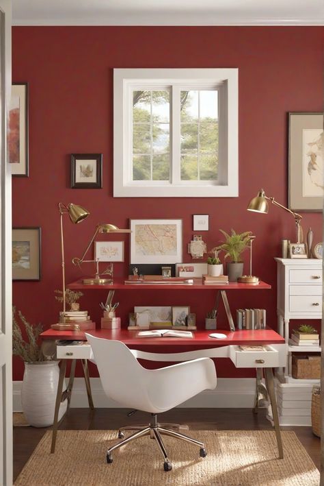 interior design, home decor, home office design, wall paint color Red Study Room, Maroon Office Walls, Alabaster Cabinets, Best Quartz Countertops, Red Home Office, Warm Beige Paint Colors, Green Exterior Paints, Office Decor Workplace, Red Office