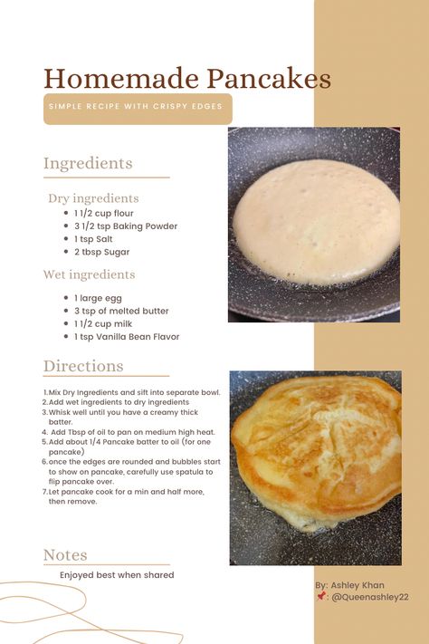 Recipe with ingredients and instructions in photo. No link. Simple and delicious. Healthy Pancake Batter, How To Make Homemade Pancakes Recipes, Homemade Breakfast Pancakes, Easy Home Made Pancakes Recipe, How To Make Homemade Pancake Batter, How To Make Pancakes With Crispy Edges, Simple Homemade Pancake Recipe, 1 Egg Pancake Recipe, Simple Pancake Mix Recipes