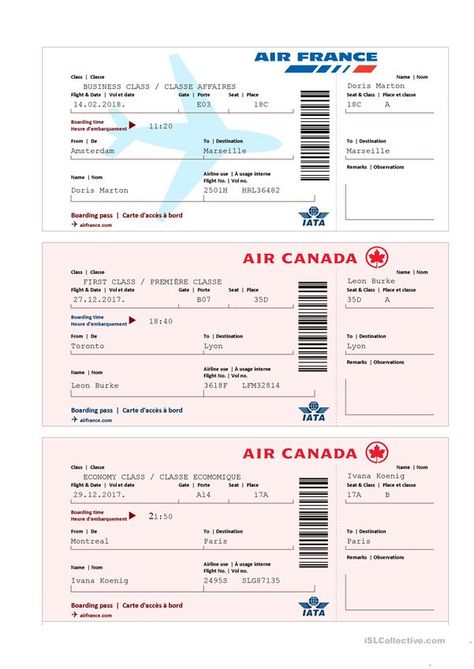 Billet d'avion - Français Fle Fiches Pedagogiques Language Goals, Ticket Design, Air Canada, Ticket Template, Flight Ticket, Esl Worksheets, Instagram Frame, Air France, Bad Timing