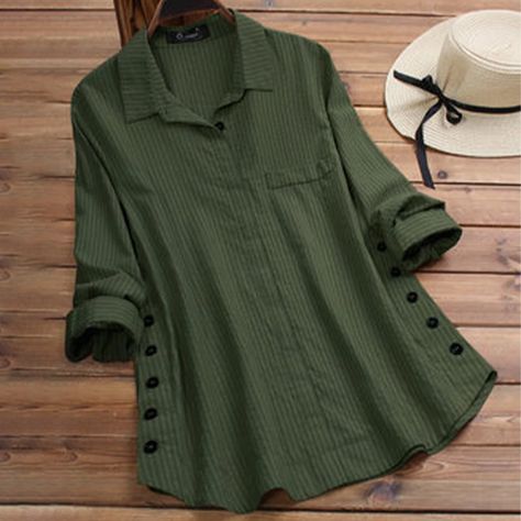 Smarter Shopping, Better Living! Aliexpress.com Korean Shirt, Plain Shirts, Linen Blouse, Plus Size Kleidung, Blouse Online, Long Shirt, Blouse Styles, Striped Long Sleeve, Plus Size Tops