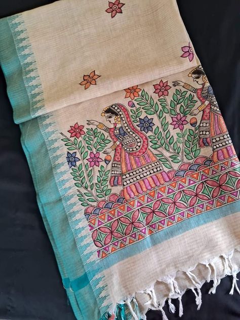 DM for details 🫶😌 World Market Inspired Living Room, Madhubani Dupatta, Hand Painted Dupattas, Madhubani Saree, Mithila Art, Mithila Painting, Saree Painting Designs, Warli Art, Painting On Fabric