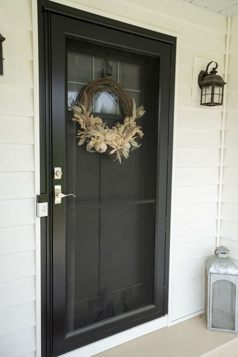 Are you Team Storm Door or Team Entry Door Only? Glass Storm Doors For Front Door Entrance, Colonial Front Door With Storm Door, Front Door Storm Door Combo, Front Door And Screen Door Combo, Front Door Design With Storm Door, Wooden Storm Door Front Porches, Farmhouse Front Screen Door, Large Front Door With Screen, Black Doors Exterior Front Entry With Storm Door