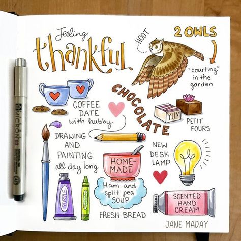 Jane Maday on Instagram: "I was REALLY excited about the owls. Ihope they build a nest! There is so much to be grateful for, just in my own little house and garden. #gratitudejournal #gratitude #positivity #dailyjournal #journalyourlife #sketchbooklove #dailysketch #dailyart #dailygratitude #pigmamicron #micronart #tombowusa #markerart #drawing #doodleart #doodledrawing" Jane Maday, Pen Journal, Journal Fonts, Grid Journals, Cool Journals, Drawing Journal, House And Garden, Bullet Journal Diy, Bullet Journal Lettering Ideas