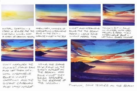 Sunset Tutorial, Watercolour Sunset, Watercolour Texture, Gcse Art Sketchbook, Art Tutorials Watercolor, Watercolor Lessons, Watercolor Sunset, Watercolour Inspiration, Loose Watercolor