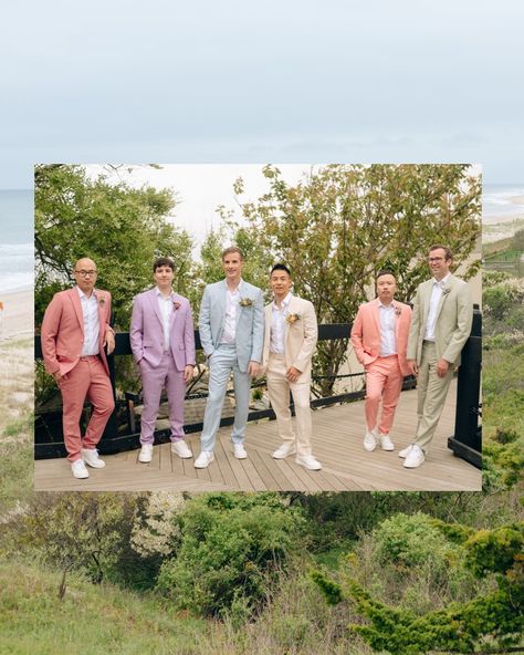 Captured the stylish vibes of Jeff and Ben’s spring wedding at the @gurneysresorts with their dapper groomsmen in colourful pastel suits. Photographer: @khatleen.photography Videographer: @bradyweddings @thebrothersgorman @angelo.rigogliosi Florist: @jennywildflower Makeup: @mariaortegamakeup Grooms’ Suits: @dior Groomsmen Suits: @indochino @indochinoweddings Wild Flower Groomsmen, Groomsmen Multicolor, Pastel Tuxedo Men, Spring Groomsmen Attire Color Schemes, Groomsmen Spring Wedding, Colourful Groomsmen, Rainbow Groomsmen, Pastel Groomsmen Attire, Spring Wedding Groom Attire