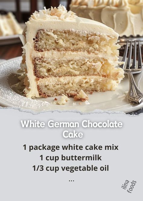 Foodie Fantasy | White German Chocolate Cake | Facebook Pretty German Chocolate Cake, German Chocolate Birthday Cake Decorated, White Chocolate German Chocolate Cake, White German Chocolate Cake Recipe, White German Chocolate Cake, White Chocolate Cake Recipe, German Chocolate Cake Recipe, German Dishes, Chocolate Pudding Cake