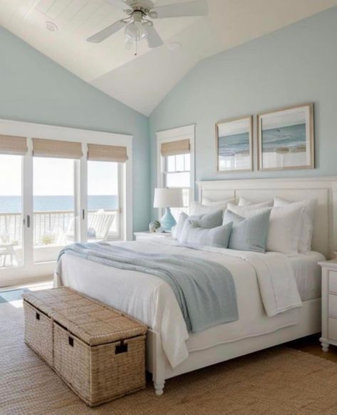 Neutral Coastal Bedroom, Yellow Kitchen Cabinets, Costal Bedroom, Coastal Bedroom Ideas, Light Blue Bedroom, Modern Coastal Bedroom, Airy Bedroom, Coastal Bedroom Decorating, Sage Green Bedroom