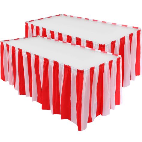 PRICES MAY VARY. Package contents: 2 red with white striped table skirts, each striped table skirt is 14 feet x 29 inches, the red and white table skirts are the classic decoration of the carnival circus, offering different circus events and holiday birthday parties Made of polyester, it feels softer and the surface is very smooth and flat, safe and odor-free, waterproof, non-fading, non-wrinkle, easy to handle, it is a pleated and durable table skirt Easy to use: double-sided tape design, easy Theme Carnaval, Table Skirts, Carnival Decorations, Circus Decorations, Circus Theme Party, Carnival Themed Party, Carnival Birthday Parties, Striped Table, Carnival Themes