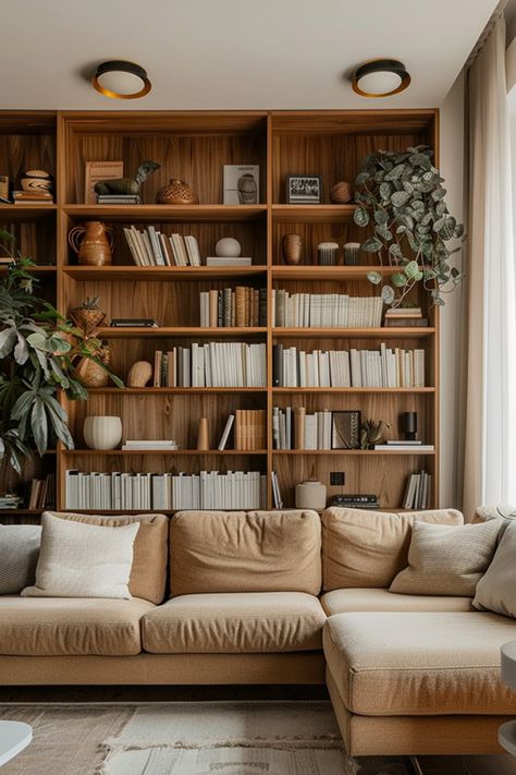 Trendy Shelving Units for Modern Home Libraries: Functional and Fashionable - Quiet Minimal Scandinavian Library, Dream Townhouse, Modern Home Library, Book Shelving, Bookshelf Living Room, Sustainable Living Room, Living Room Bookshelf, Book Self, Rittenhouse Square