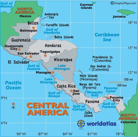 map of Central America. Central America, a part of North America, is a tropical isthmus that connects North America to South America. It includes 7 countries and many small offshore islands.  Overall, the land is fertile and rugged, and dominated through its heart by a string of volcanic mountain ranges. Map Of Central America, Flags Countries, America Outline, Central America Map, Costa Rica Travel Guide, Geography Map, 7 Continents, Tegucigalpa, America Map