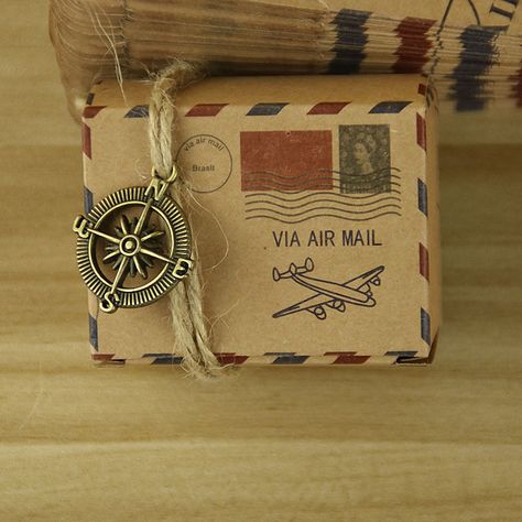 Wedding decoration Vintage Via Air Mail Global Brown Paper Candy Box with Metal Compass Global envelope Cake Box Linen Wraps DIY-in Candy Boxes from Home & Garden on Aliexpress.com | Alibaba Group Gift Boxes Diy, Favor Boxes Wedding, Airmail Envelopes, Wedding Candy Boxes, Mail Gifts, Mail Stamp, Candy Gift Box, Paper Candy, Party Candy