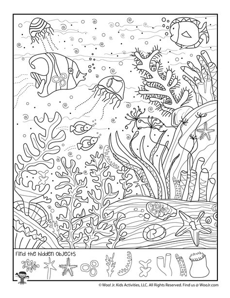 Great Barrier Reef Find the Object Printable | Woo! Jr. Kids Activities Printable Hidden Pictures, Hidden Pictures Printables, Find The Hidden Objects, Hidden Picture Puzzles, Ocean Coloring Pages, Scene Wallpaper, Underwater Scene, Hidden Pictures, Picture Puzzles