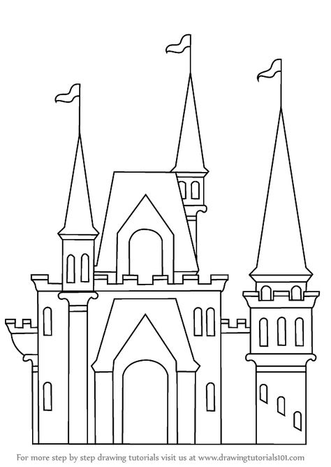 Learn How to Draw a Castle for Kids (Castles) Step by Step : Drawing Tutorials Drawing Castle Easy, Draw A Castle Step By Step, How To Draw A Castle, Small Castle House Plans, Castle Drawing Easy, Small Castle House, Draw A Castle, Disney Castle Drawing, Whimsical Castle