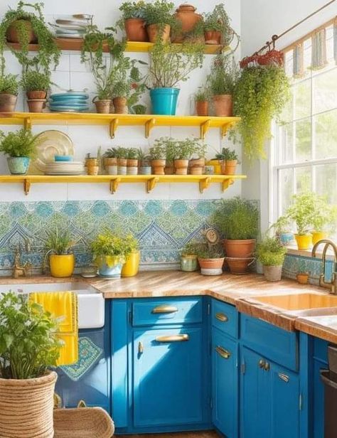 Living Room Designs Mexican Style, Yellow Eclectic Kitchen, Blue And Yellow Farmhouse Kitchen, Blue Green And Yellow Kitchen, Kitchen Decor Bright, Colorful Bohemian Kitchen, Light Blue And Yellow Kitchen, Green And Yellow Apartment Aesthetic, Blue Green Yellow Interior