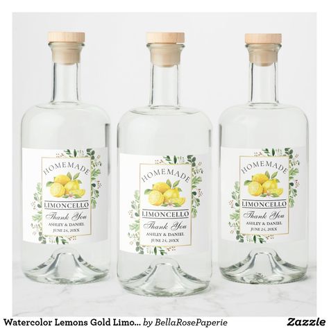 Limoncello Wedding, Homemade Labels, Wedding Bottle Labels, Handmade Labels, Liquor Bottle Labels, Homemade Limoncello, Bee Stuff, Watercolor Lemon, Mini Liquor Bottles